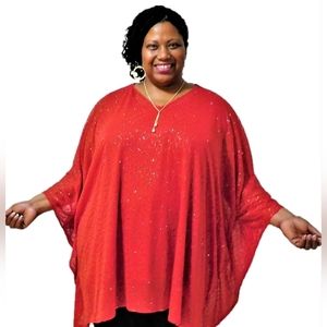 Women's Pullover Poncho Sequin Shimmer Shirt Red One Size Fits Most